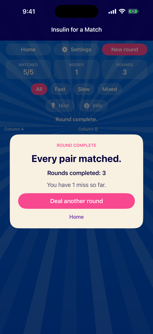 Round complete dialog after matching every pair, with Deal another round
