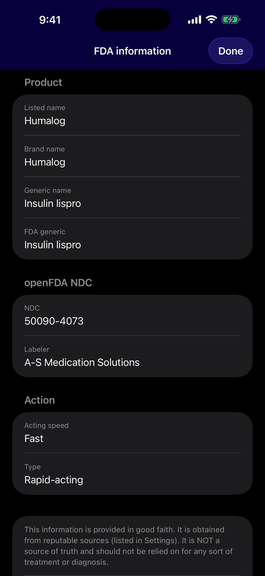 FDA information sheet for Humalog with brand, generic, NDC, and acting speed