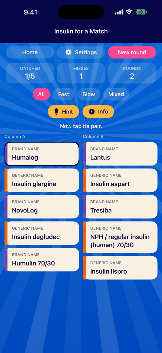 Matching board with Humalog selected in column A and brand or generic cards in both columns