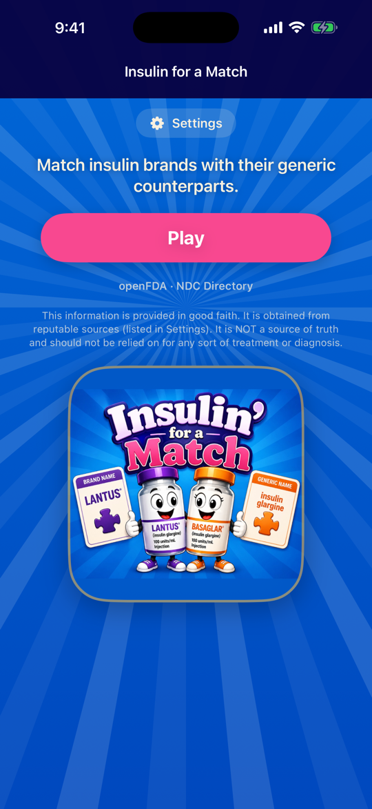 Insulin for a Match home screen with a Play button and insulin vial artwork