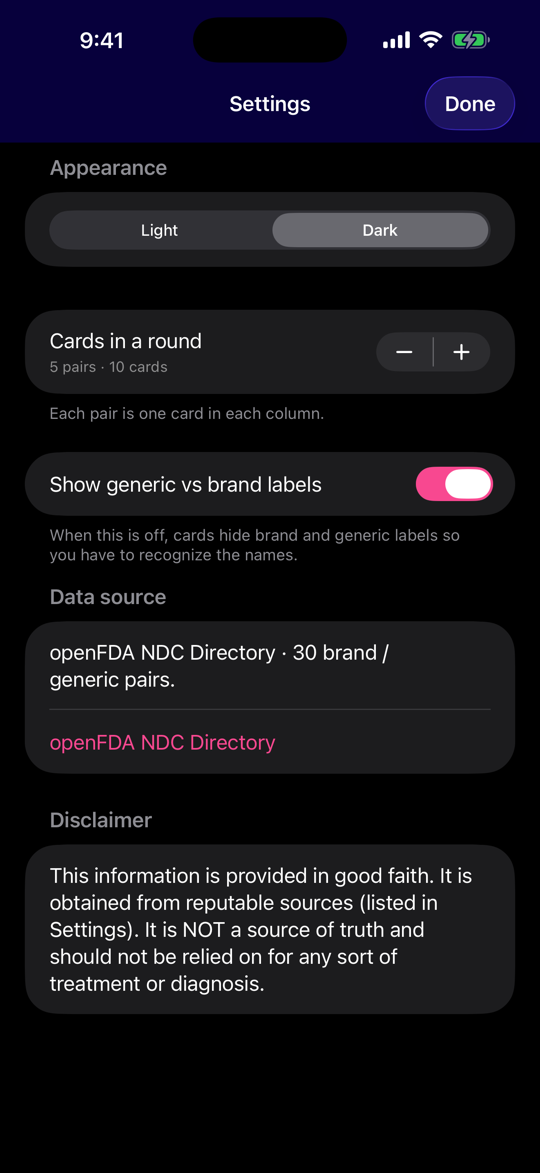 Settings for appearance, cards per round, brand and generic labels, and openFDA