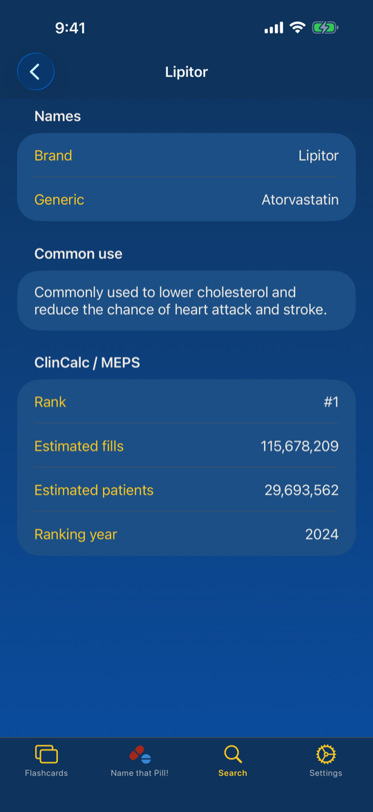 Lipitor facts page with brand, generic, common use, and ranking data