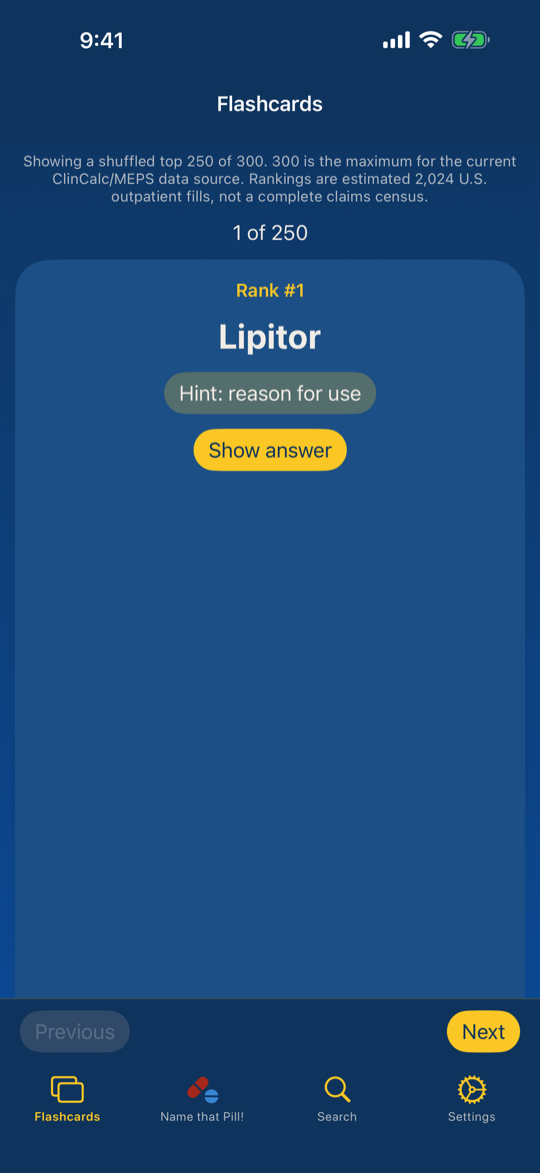 Flashcard for Lipitor with a reason-for-use hint and Show answer button