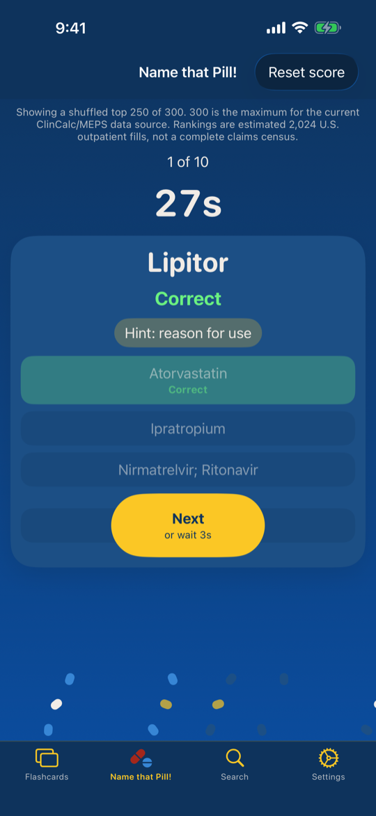 Name that Pill quiz showing a correct Atorvastatin answer and confetti