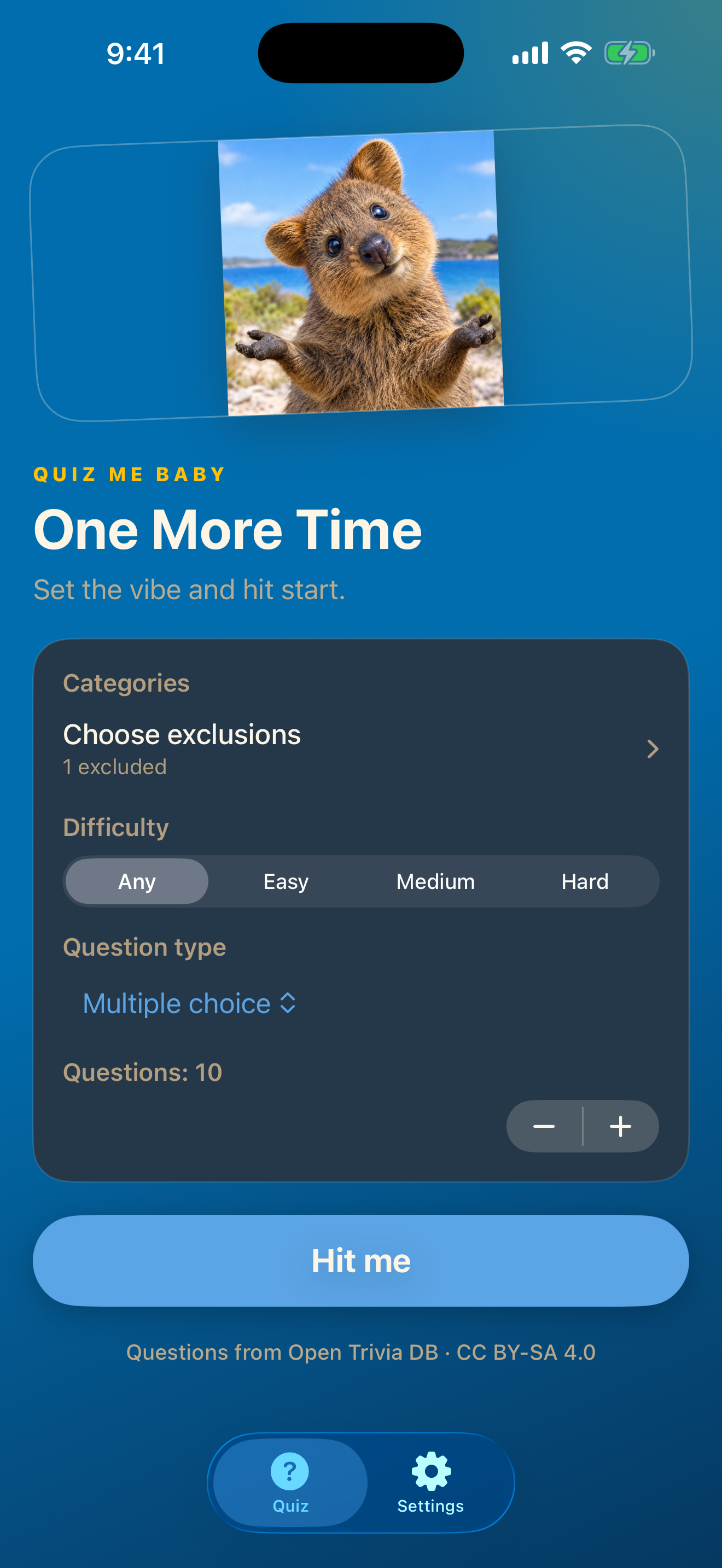 Dark-mode quiz setup with category exclusions, difficulty, question type, and a Hit me button