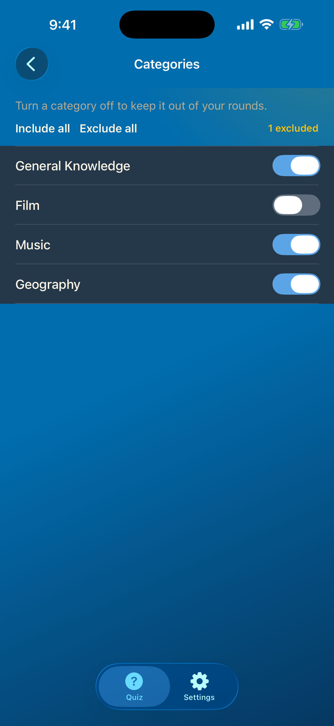 Category list with Film turned off and one category excluded