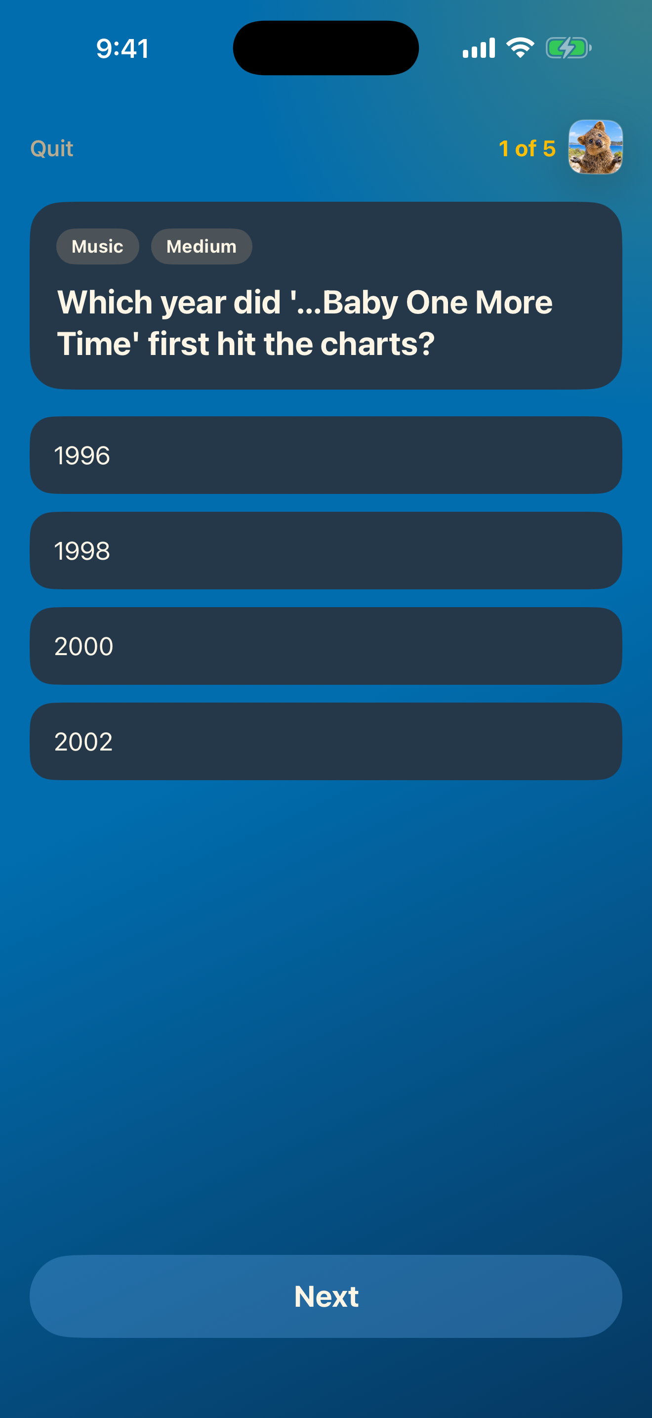 Multiple-choice question about Baby One More Time with four year options