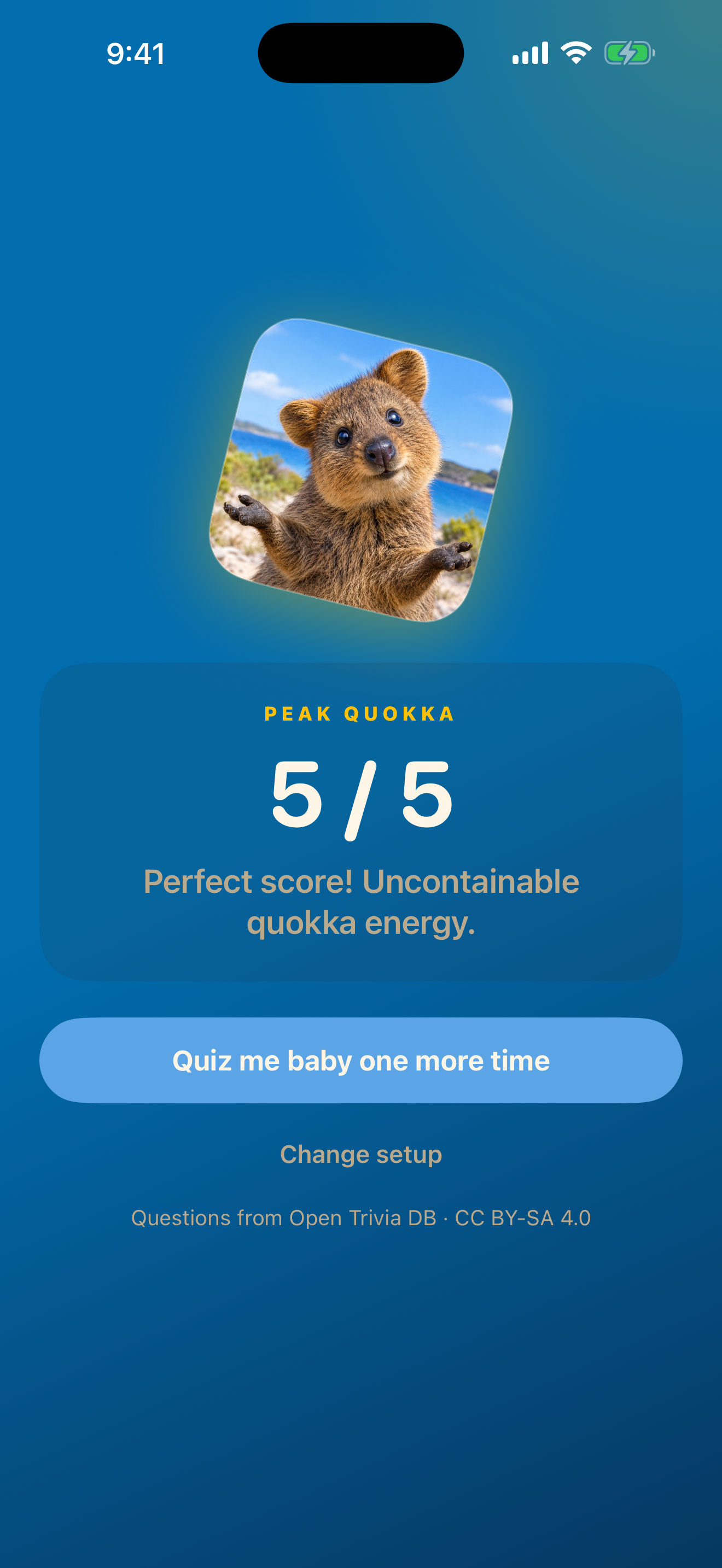 Perfect 5 of 5 score with Peak quokka and Quiz me baby one more time