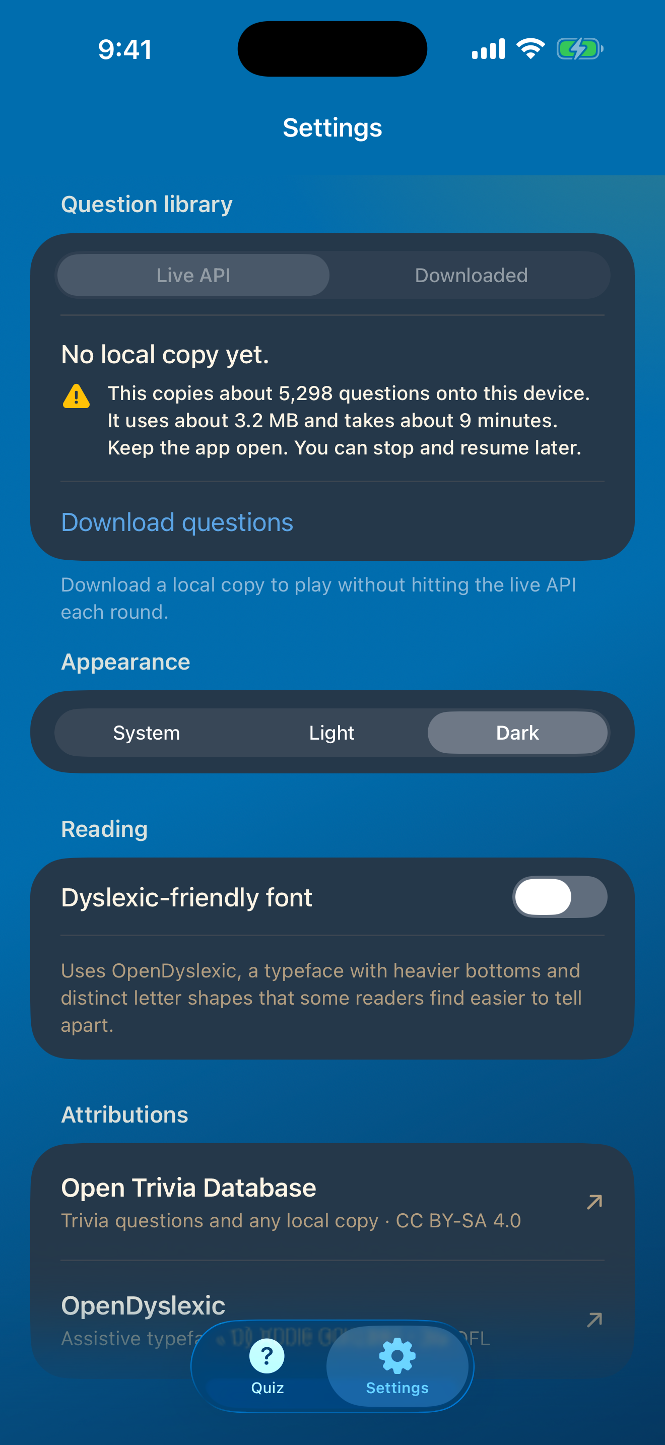 Settings for live or downloaded questions, appearance, and OpenDyslexic