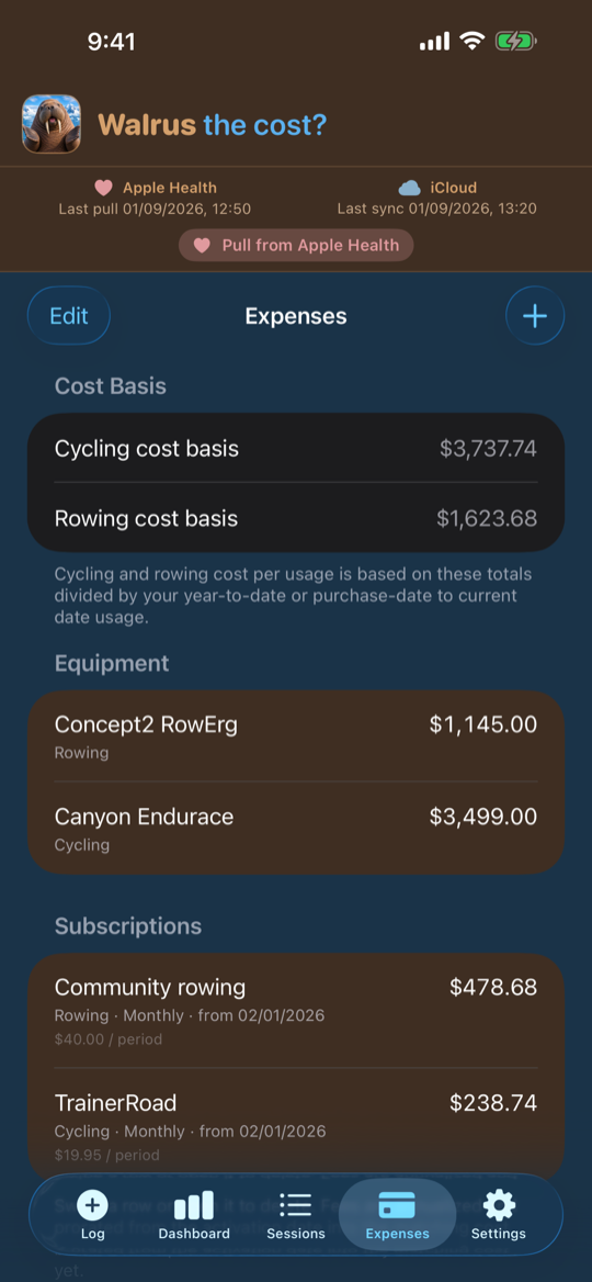 Expenses screen with cycling and rowing cost basis, equipment, and subscriptions