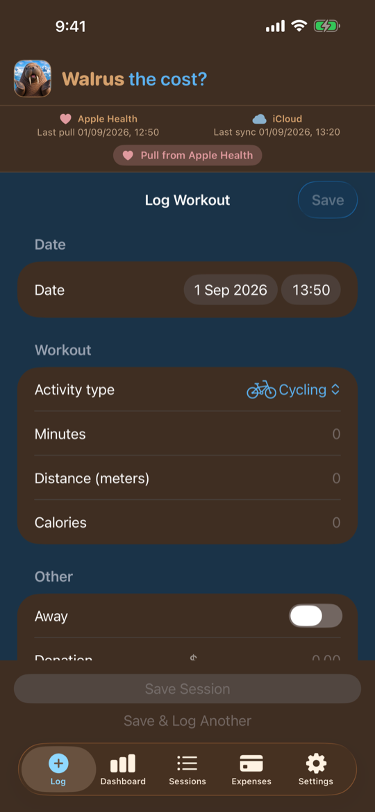 Log Workout screen for cycling minutes, distance, calories, and donations