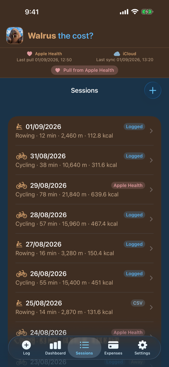 Sessions list with logged, Apple Health, and CSV workout tags